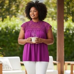 ✨RAIN Blouse Womens Fuchsia Lace Mock Neck Cap Sleeve Textured Trendy Top Size L